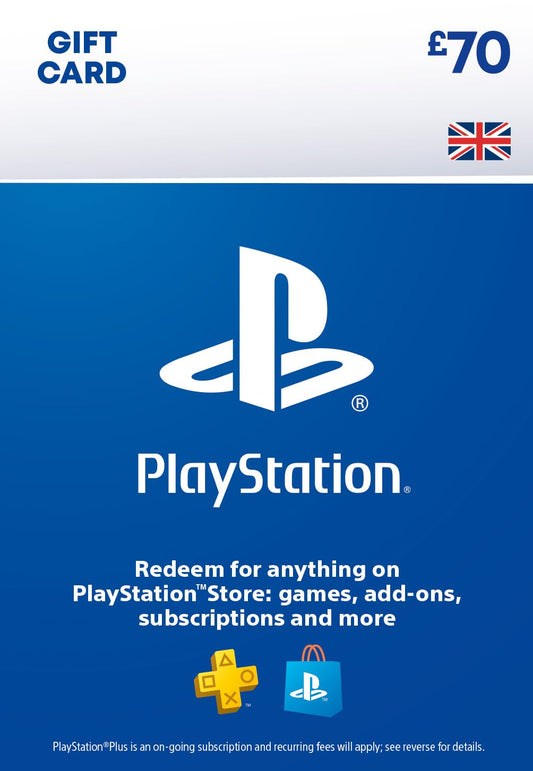 PlayStation Store gift card for 70 GBP with PSN UK account, digital download code for PS5 and PS4 games.