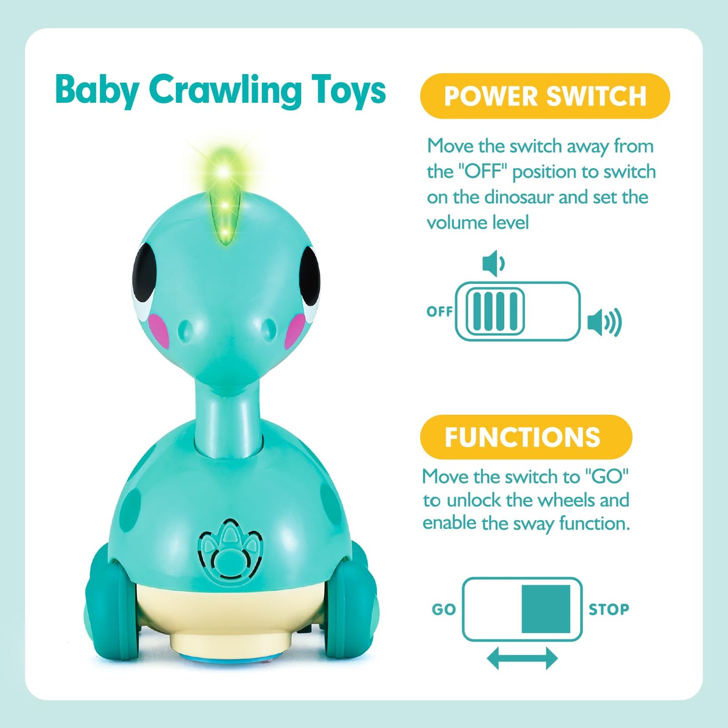 CubicFun baby dinosaur crawling toy with musical lights and sounds, suitable for toddlers aged 12 months and up, in green.