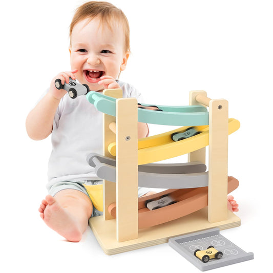 Vanplay wooden car ramp toy with four mini cars and a garage, designed for 1-2 year old boys, showcasing vibrant colors.