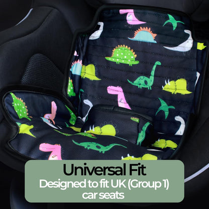 Dinosaur-themed Hygge Sheets® car seat protector for toddler car seats and pushchairs, preventing leaks from food and drinks.