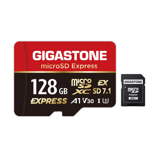 Gigastone 128GB microSD Express card with SD adapter, high-speed R/W up to 880/500MB/s, compatible with Nintendo Switch 2.