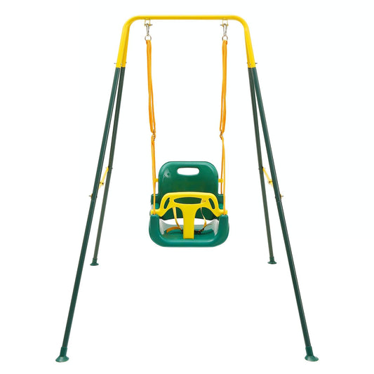 FUNLIO Toddler Swing with Safety Harness, Heavy-Duty Kid Swing for Garden & Indoor Use, Folding Metal Stand, Outdoor Play Equipment for Children - Green