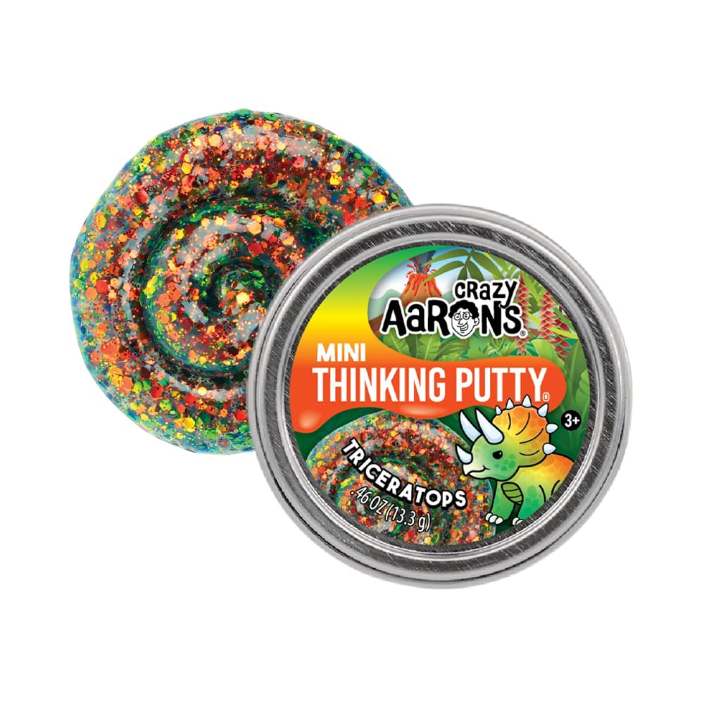 Crazy Aaron's Thinking Putty mini tin featuring Triceratops design, sensory putty for kids and adults, stress relief therapy toy.