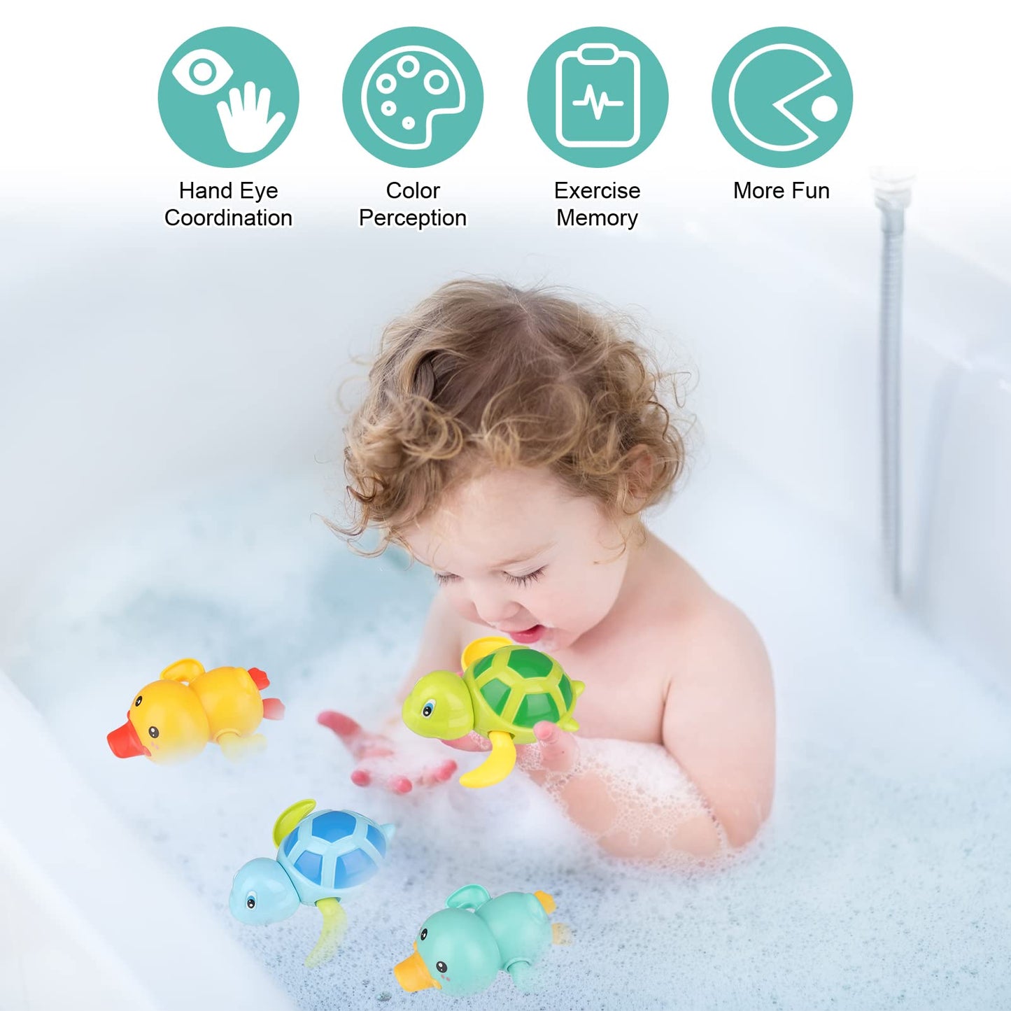 Pinenuts Baby Bath Toys, 4 Pcs Baby Bath Tub Toys Wind-up Toys Paddling Pool Toys Floating Swimming Ducks & Turtles Water Toys for Toddler Kids Girls Boys Bath-time Shower Gifts