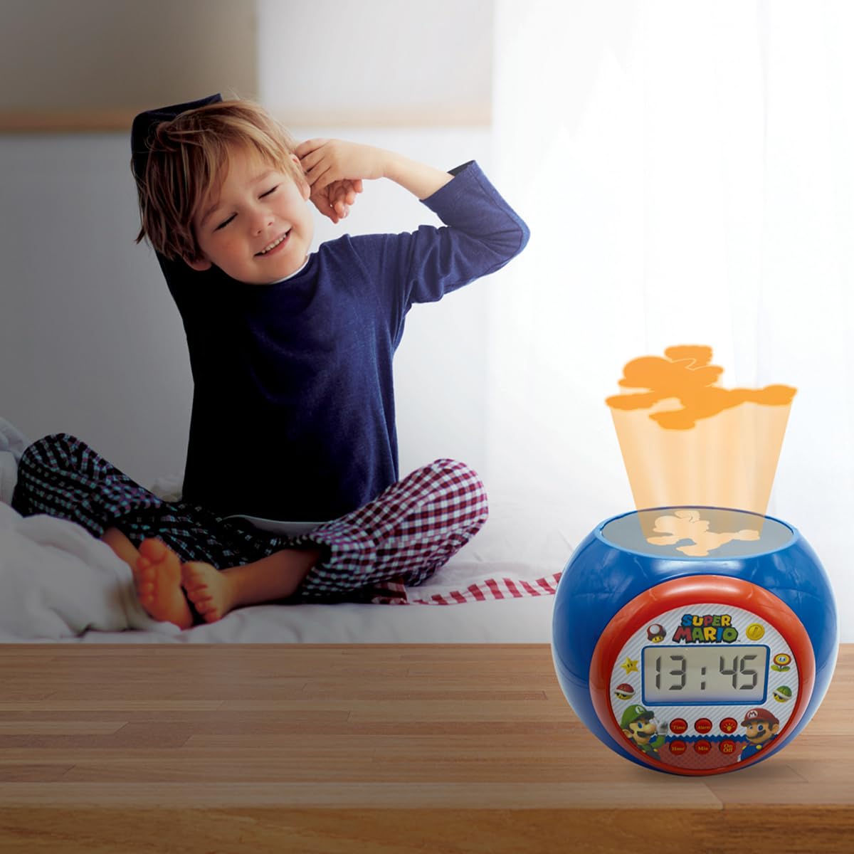 LEXIBOOK Nintendo Super Mario projector alarm clock with snooze, night light, LCD display, and battery operation.
