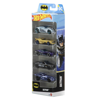Hot Wheels Batman toy car 5-pack featuring 1:64 scale die-cast vehicles including the iconic Batmobile.