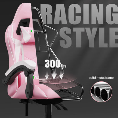 bigzzia ergonomic pink gaming chair with lumbar cushion and headrest, height-adjustable office and computer chair for adults