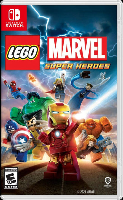 LEGO Marvel Super Heroes Nintendo Switch game case featuring Marvel characters and colorful artwork. Warner Bros branding visible.