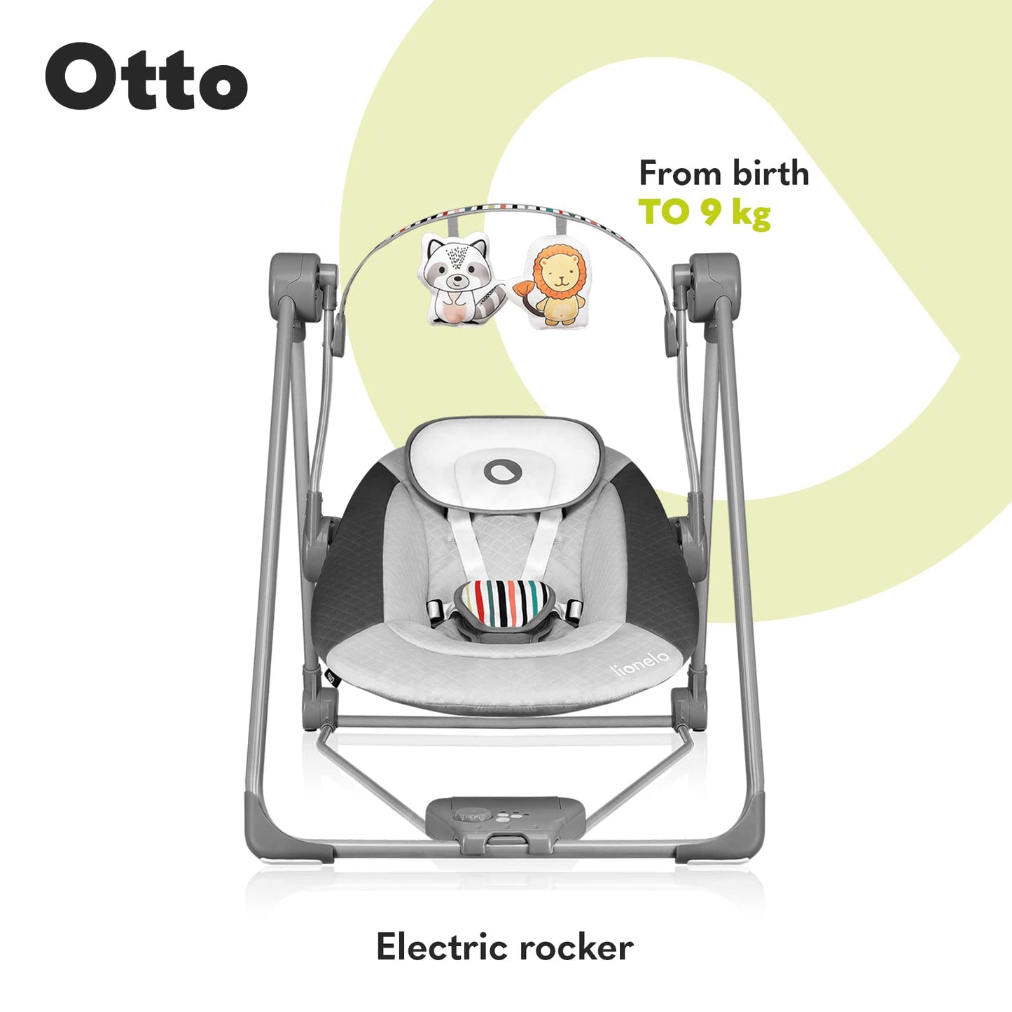 Lionelo LIONELO Baby Rocker OTTO with soft cushion, 5-speed electric swing, nature sounds, 5-point harness, and portable fold design.