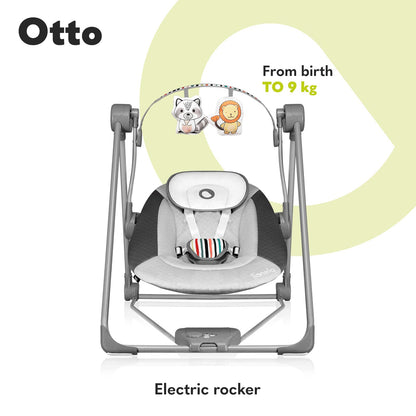 Lionelo LIONELO Baby Rocker OTTO with soft cushion, 5-speed electric swing, nature sounds, 5-point harness, and portable fold design.