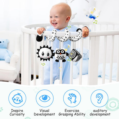 Aolso spiral black and white owl hanging toy with ringing bell for car seat or crib sensory activity and early education.