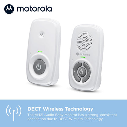 Motorola Nursery AM21/MBP21 digital baby monitor with white casing, high sensitivity microphone, and 300-meter range.