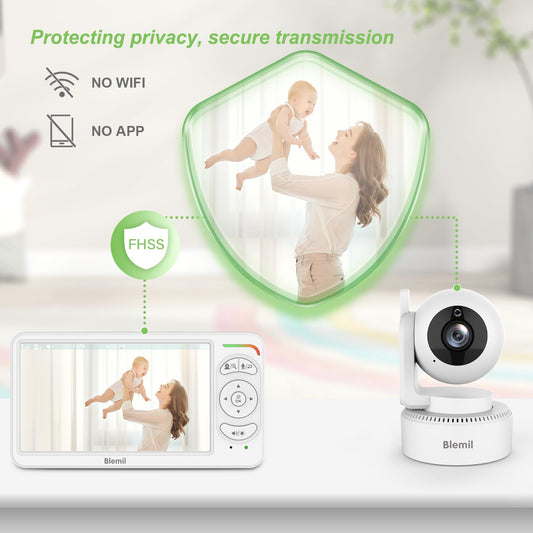 Blemil BabyMonitor with 6-inch IPS screen, night vision, 2-way talk, portable design, and no WiFi for secure baby monitoring.
