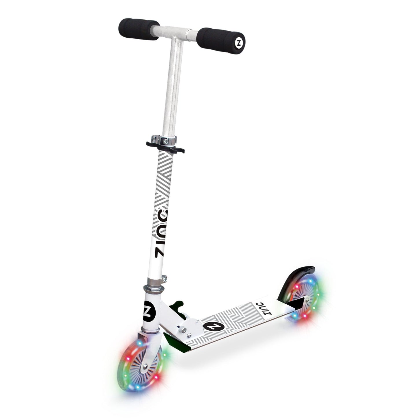 Zinc Two Wheeled Rider Kids Scooter for Ages 3+ – Folding 2-Wheel Kick Scooter with Light Up Wheels, Lightweight, Height Adjustable, Anti-Slip Footplate, Rear Footbrake, Soft Touch Foam Grips, White