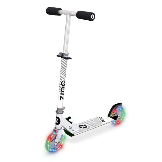 Zinc Two Wheeled Rider Kids Scooter for Ages 3+ – Folding 2-Wheel Kick Scooter with Light Up Wheels, Lightweight, Height Adjustable, Anti-Slip Footplate, Rear Footbrake, Soft Touch Foam Grips, White