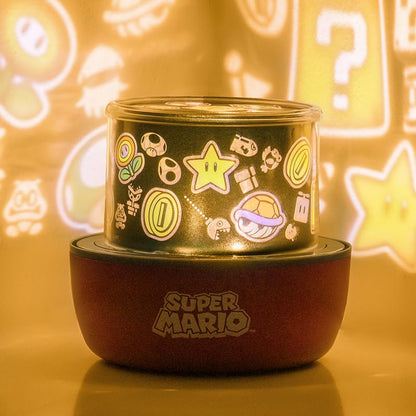 Paladone Super Mario projection light showing Mario scene with colorful mood lighting and interchangeable images, gaming room decor.