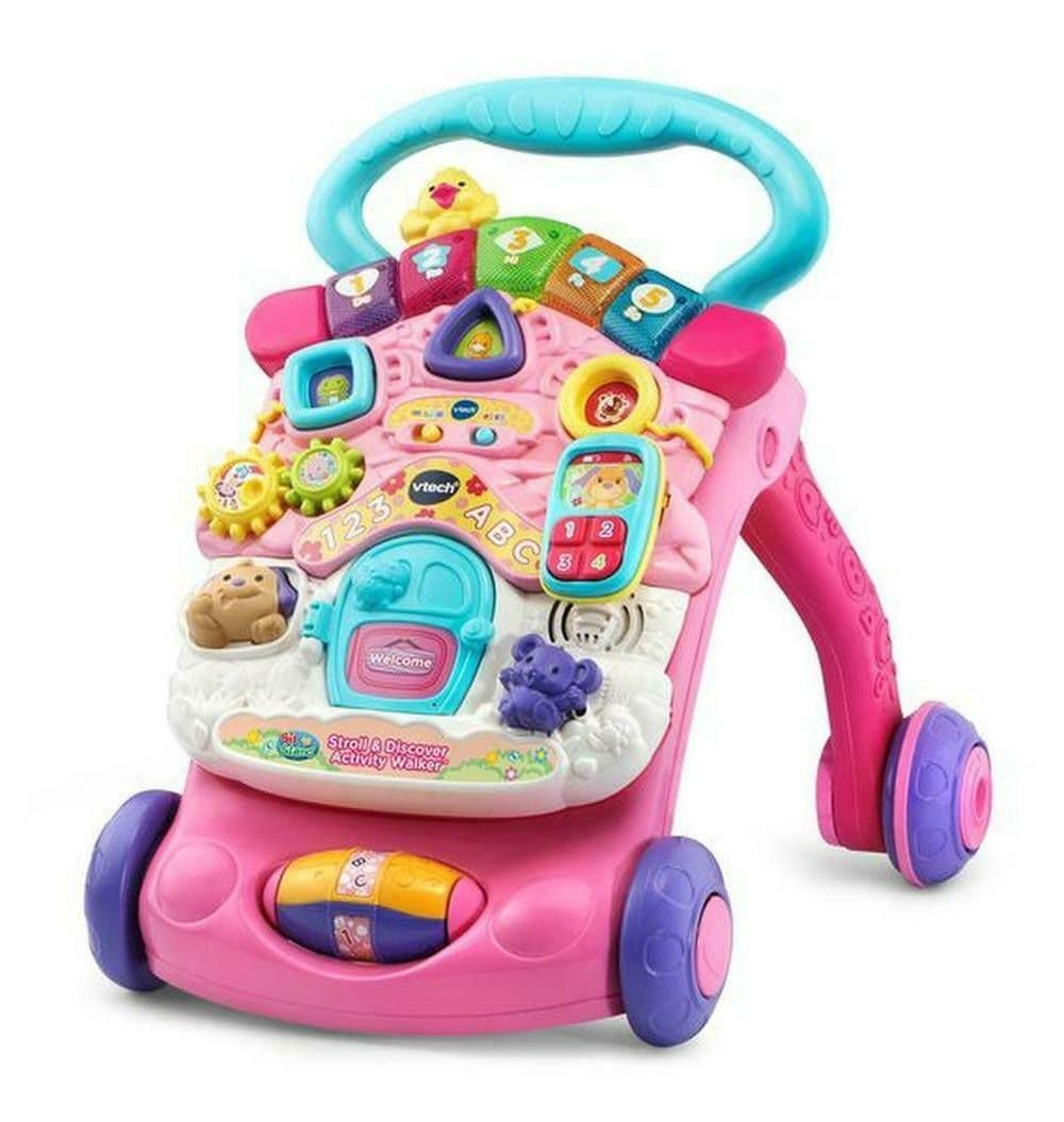 VTech First Steps Baby Walker in pink with shape toys, sounds, music, and pretend play features for 6-month to 3-year-old babies.