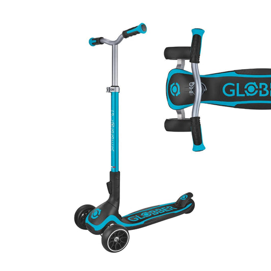 Aqua Globber Ultimum 3 Wheel Scooter featuring adjustable height, extra wide deck, and patented steering system.