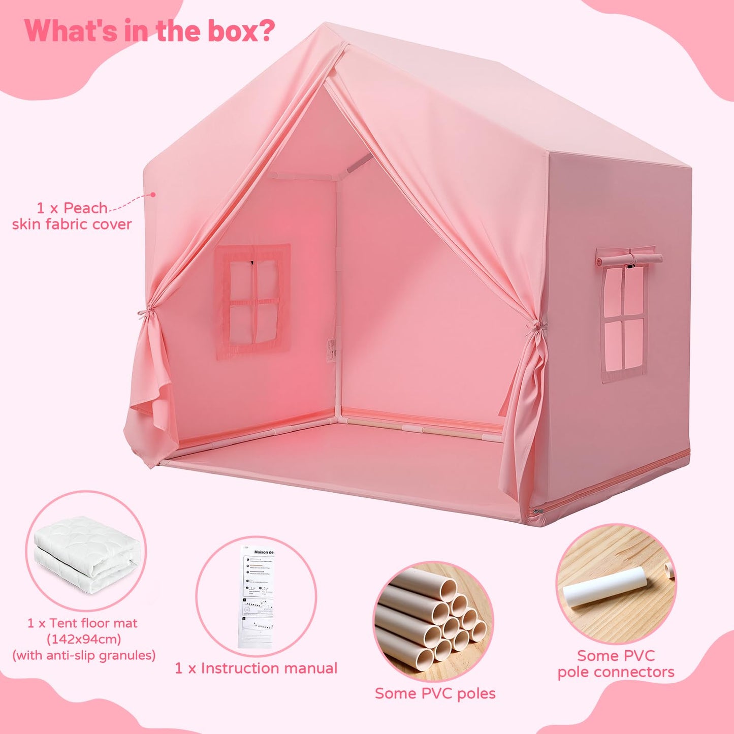 Pink Wilwolfer kids play tent with window, indoor toddler playhouse for girls and boys, perfect for indoor and outdoor fun.
