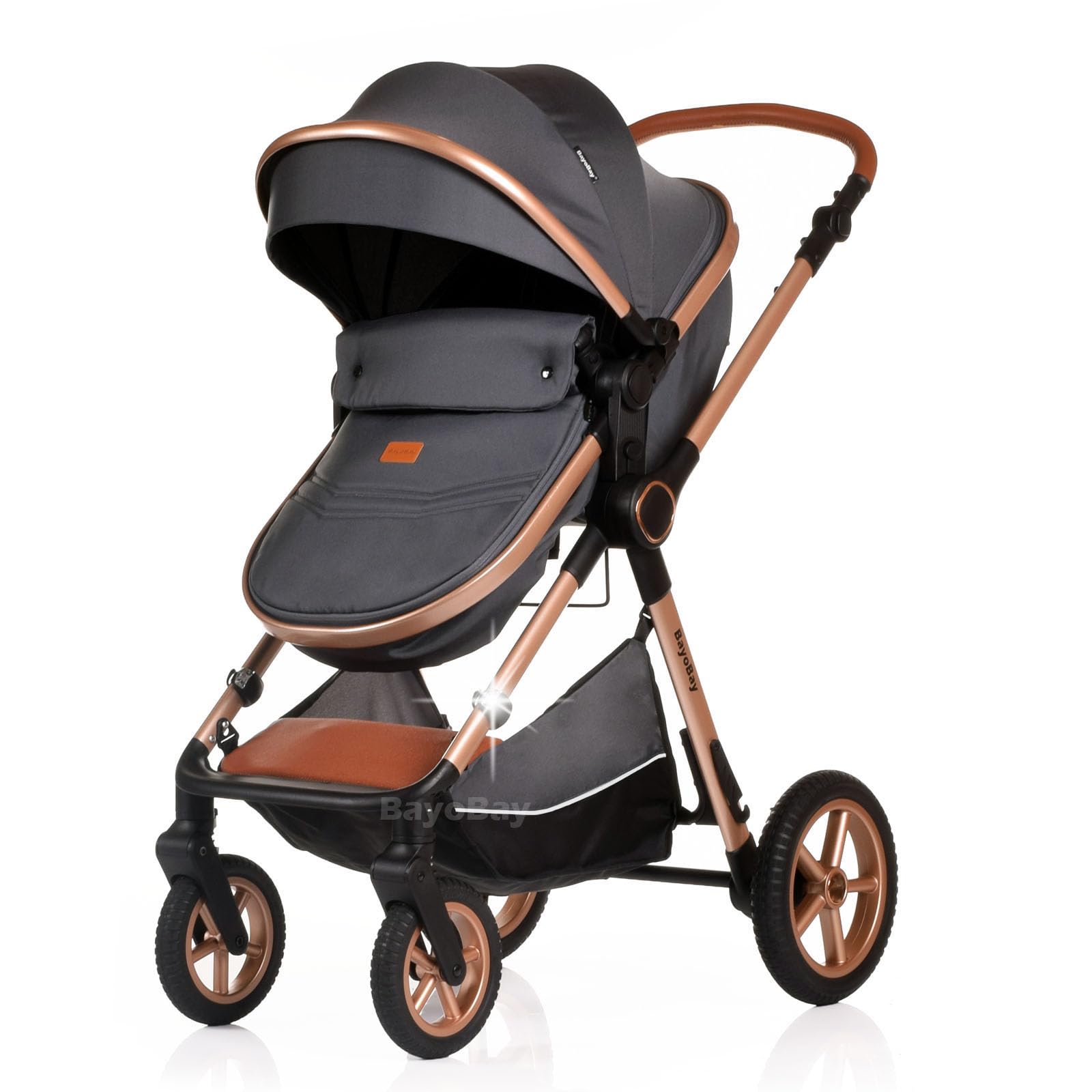 BayoBay 3-in-1 baby buggy pram with car seat and carrycot, lightweight grey gold stroller for newborns and toddlers, foldable travel system