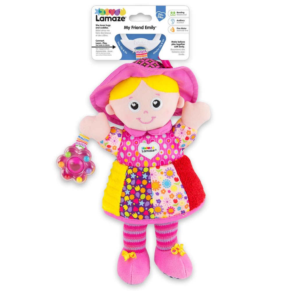 Lamaze My Friend Emily sensory clip-on toy for newborns, suitable for prams and pushchairs, soft and engaging for babies 0-6 months.