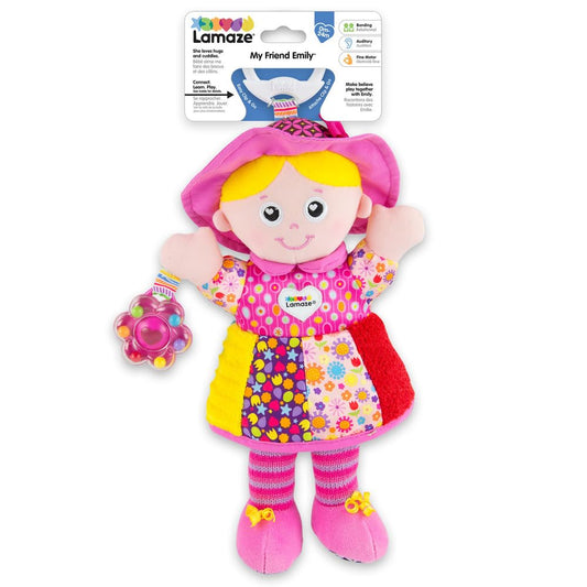 Lamaze My Friend Emily sensory clip-on toy for newborns, suitable for prams and pushchairs, soft and engaging for babies 0-6 months.