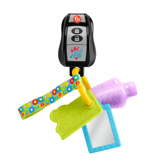 Fisher-Price Laugh & Learn baby musical toy play set with keys, teether, and mirror for children 6+ months, UK, French, and German version