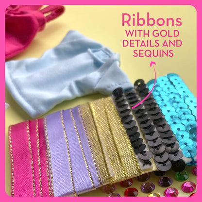 Barbie DIY Sparkle Fashion Designer Set with 130 pieces, featuring rhinestones, ribbons, stickers, and a mannequin.