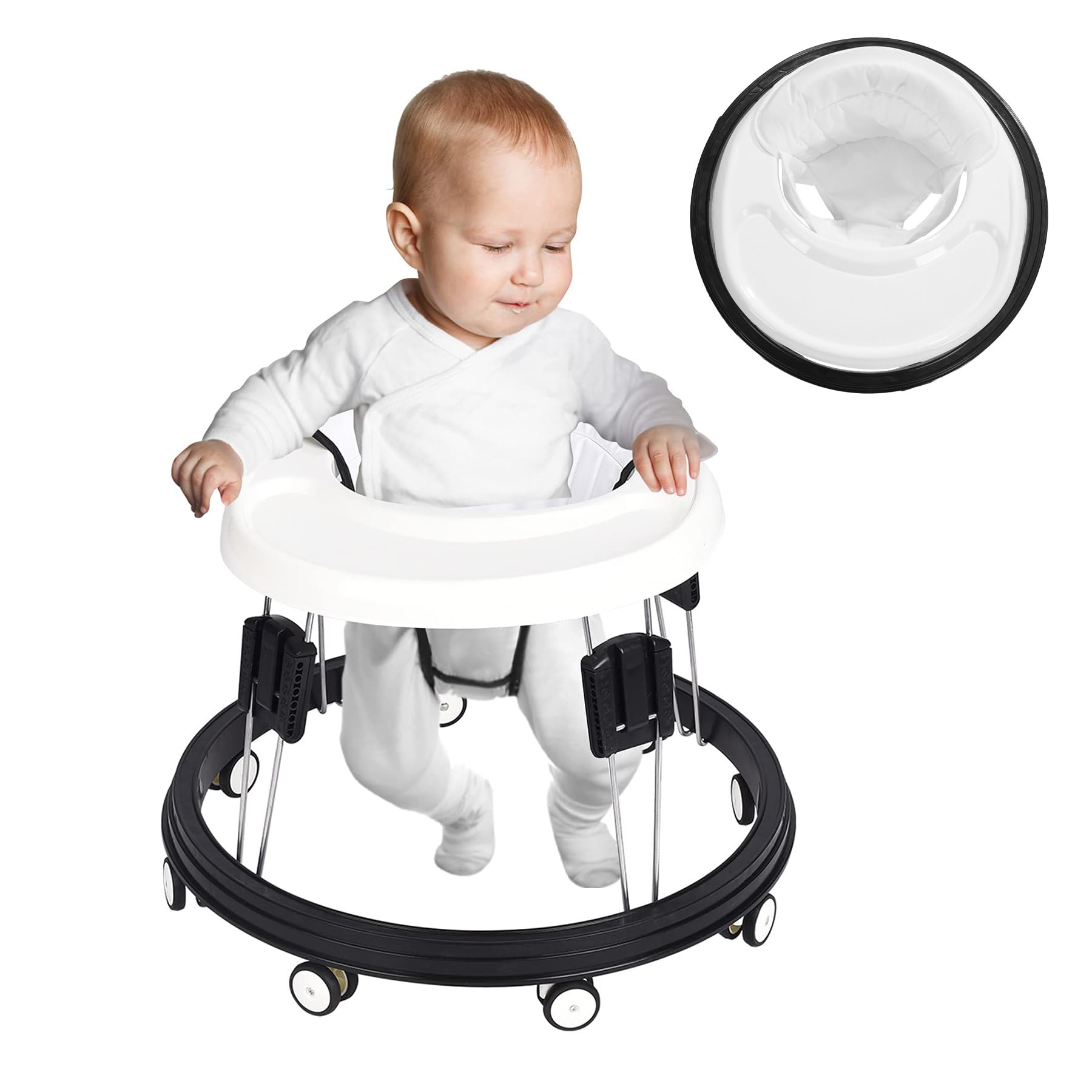 White LANGYI SMARTRICH baby walker with foldable design, suitable for 66-80cm height, featuring mute anti-rollover safety.