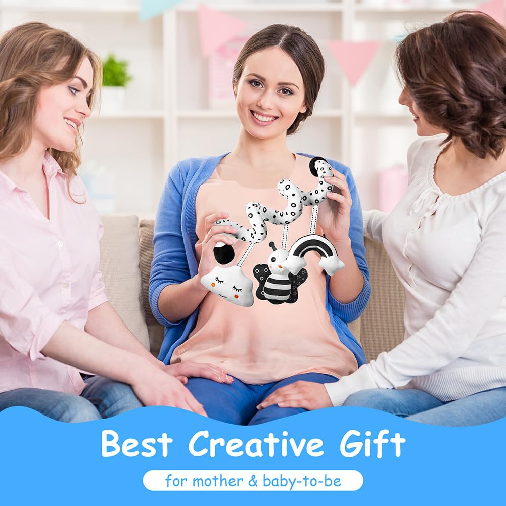 Aolso Sensory Pram Toys in black and white spiral design with a ringing bell, suitable for car seats and cribs.