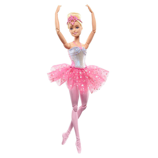 Barbie Dreamtopia Twinkle Lights Ballerina Doll with blonde hair, pink tutu, and royal headband illuminating with lights.
