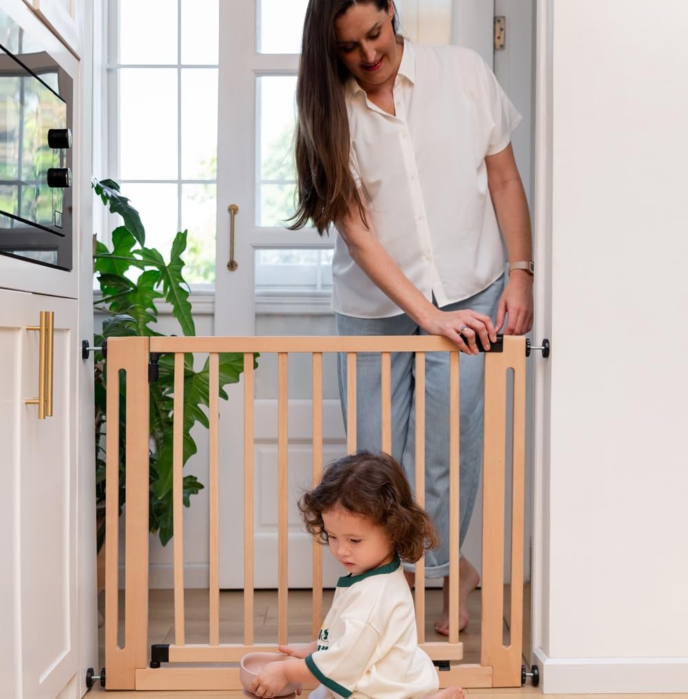 Safetots Wooden Elegance safety gate in natural finish, pressure-fit design for 79-87cm openings, stylish and easy to install.