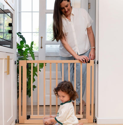 Safetots Wooden Elegance safety gate in natural finish, pressure-fit design for 79-87cm openings, stylish and easy to install.