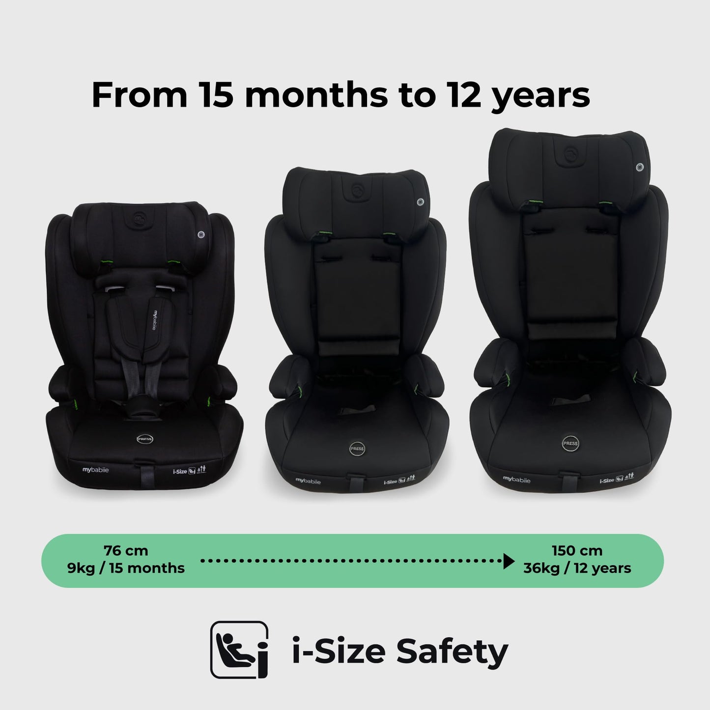 My Babiie MBCS75 Toddler to Booster R129 Child Car Seat - ISOFIX with Top Tether, Harness, 76-150cm (Approx. 9-36kg, 15 Months - 12 Years), i-Size, Group 1/2/3, Adjustable, Forward Facing - Black