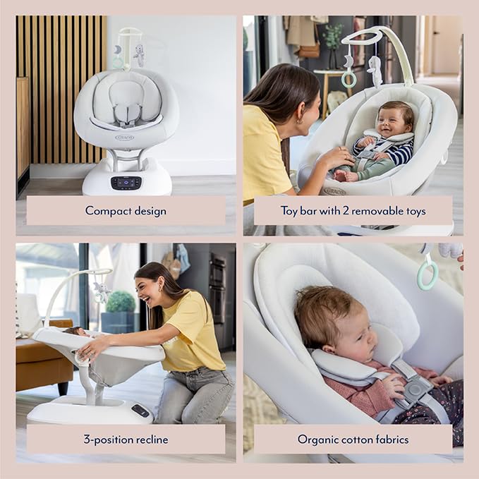 Graco Eluma Sway baby swing in Rori fashion with three recline positions, cry detection tech, and plush seat for infants up to 9kg.