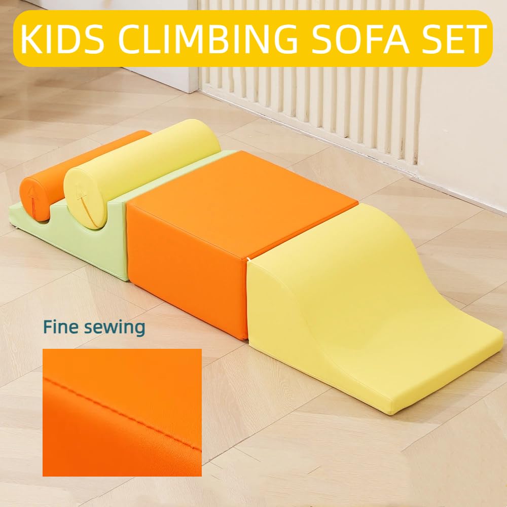 Set of five orange baby soft foam blocks with ramps for toddler indoor climbing, crawling, and sensory play by Forroby.
