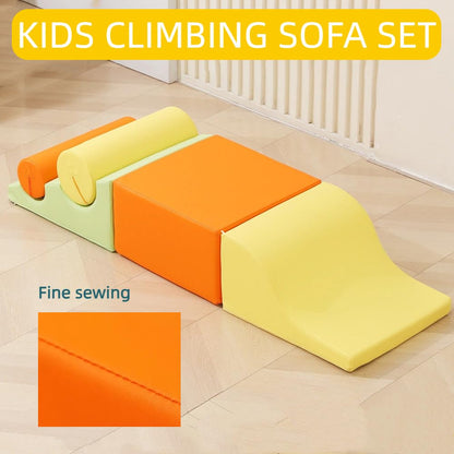 Set of five orange baby soft foam blocks with ramps for toddler indoor climbing, crawling, and sensory play by Forroby.