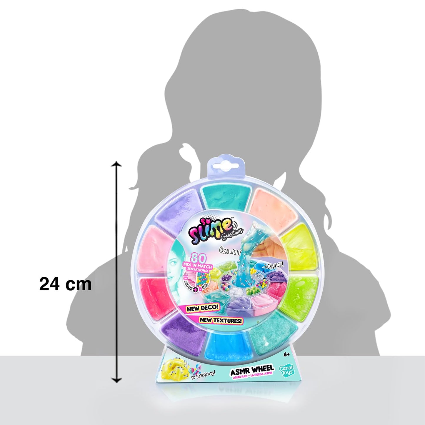Canal Toys So Slime ASMR Wheel with multicolor slime, 10 textures, 8 decorations, and 80 mix-and-match combinations for kids.