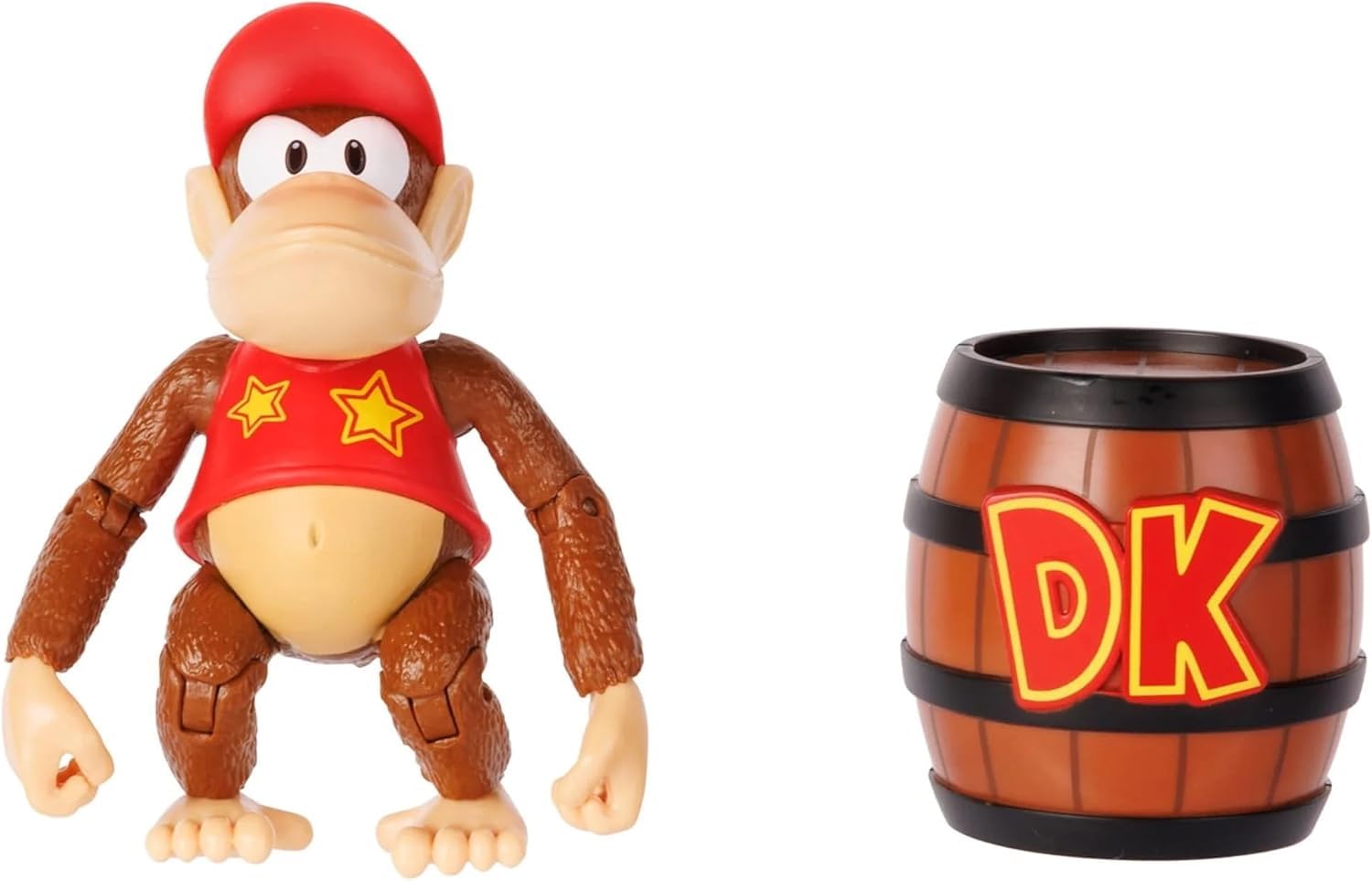 Nintendo Diddy Kong 4-inch articulated action figure by Jakks Pacific with barrel accessory, 13 points of movement, perfect for collectors.