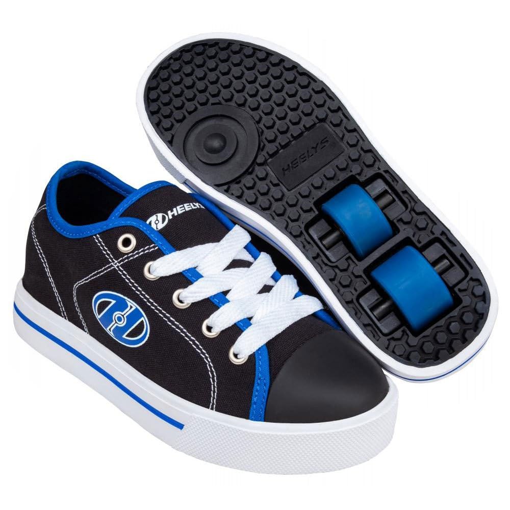 Heelys Boy's Classic X2 trainers in black and white with snorkel blue accents, size 12 UK, featuring built-in wheels for skating fun.