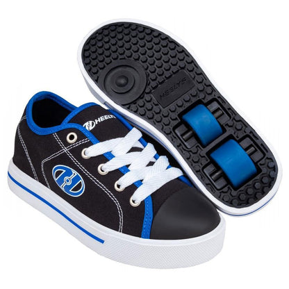 Heelys Boy's Classic X2 trainers in black and white with snorkel blue accents, size 12 UK, featuring built-in wheels for skating fun.