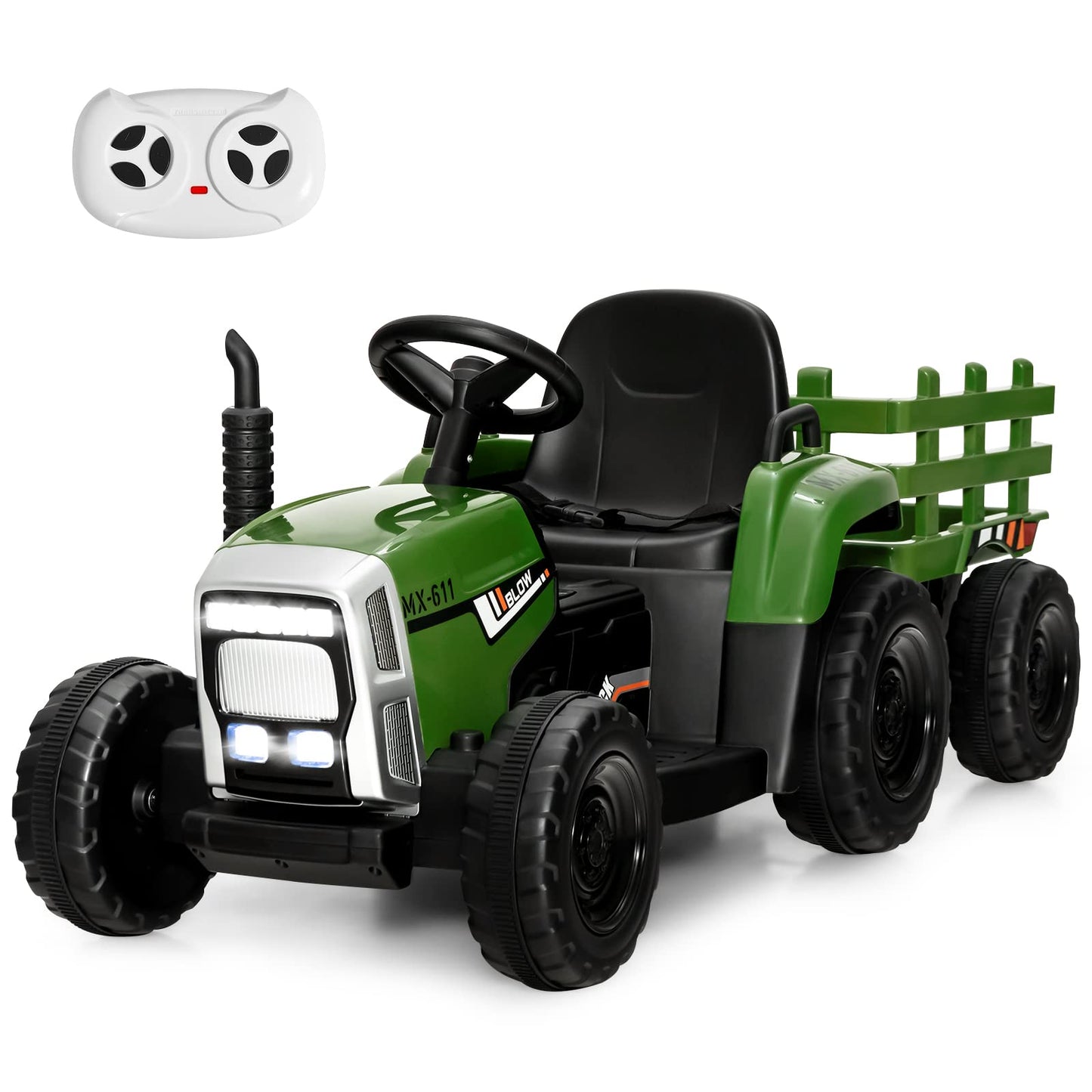 Dark green COSTWAY ride-on tractor and trailer for kids, 12V battery-powered electric toy with LED lights, remote control, and music.