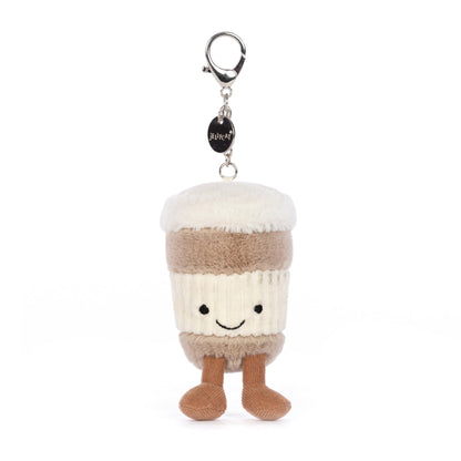 Jellycat Amuseables Coffee-To-Go bag charm plush keychain, 4.5 inches, featuring a cute coffee cup design.