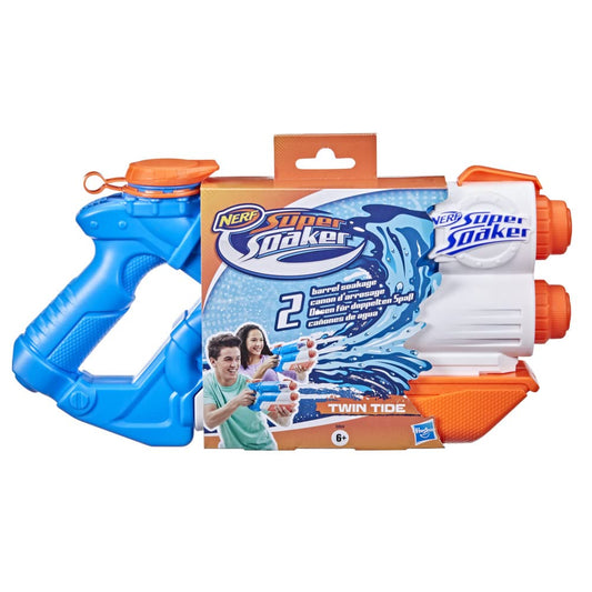 Nerf Super Soaker Twin Tide Water Blaster with pump action, outdoor water toy for kids, featuring twin water nozzles and vibrant design.