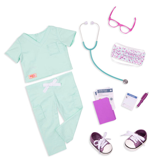 Our Generation doctor scrubs outfit for 18-inch dolls, featuring accessories for pretend play in a colorful design.