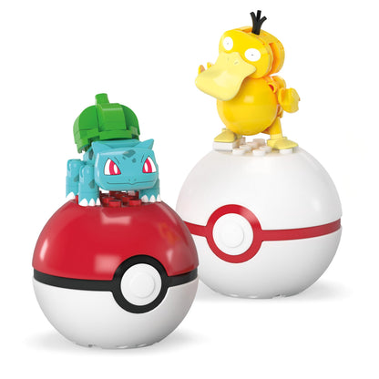 MEGA Pokémon building toys set featuring Bulbasaur and Psyduck, 63 pieces, 2-inch poseable characters, and Poké Ball.