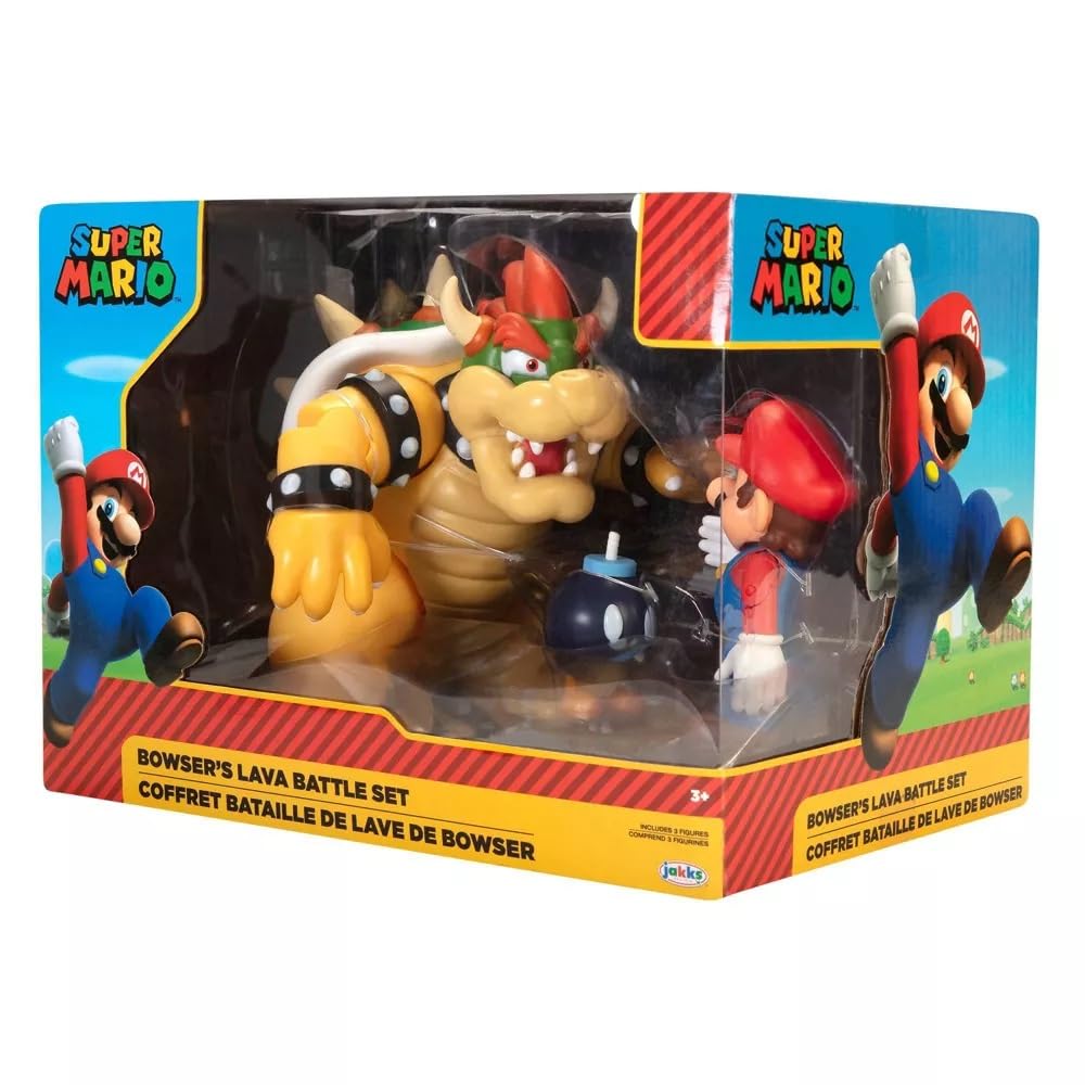 Nintendo Mario vs. Bowser Lava Battle playset featuring articulated Mario, Bowser, and Bom-Omb figures for kids aged 3+