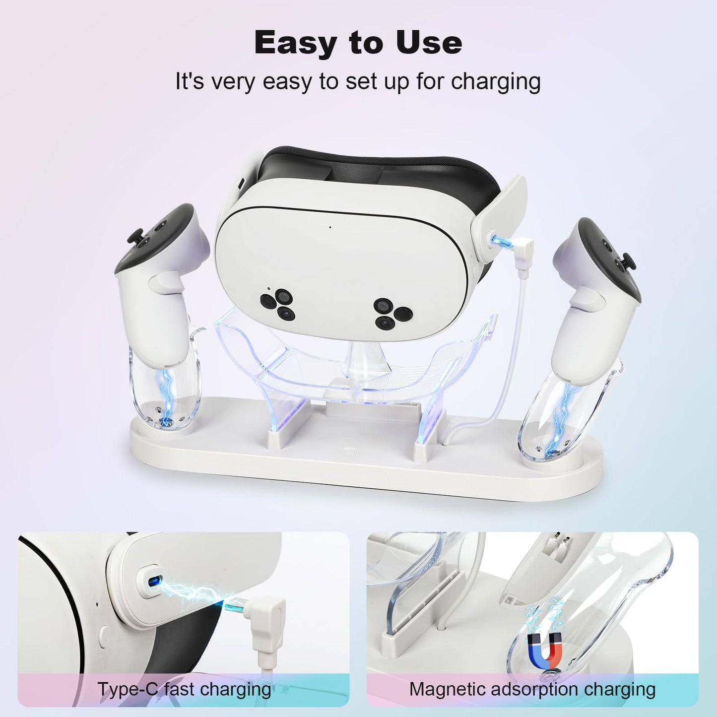 Charging Dock for Meta Quest 3S/Quest 3,VR Charger Station Stand with LED/RGB Light,Charging Station for Quest 3S/Quest3 Headset and Controller,USB-C Fast Charging (white)