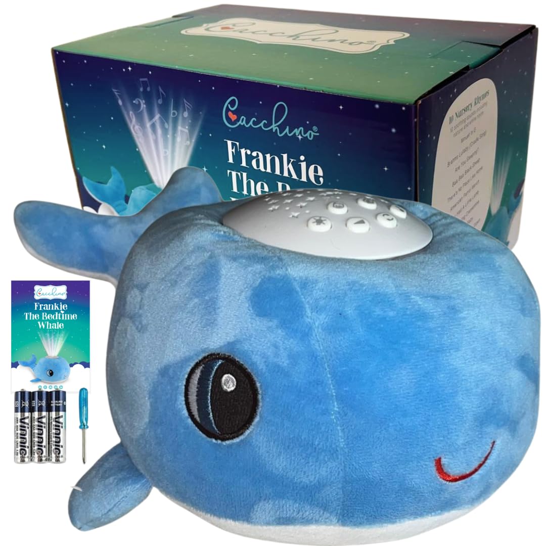 Cacchino® plush whale sleep soother with cry sensor, 20 lullabies, and machine washable design for soothing baby sleep.