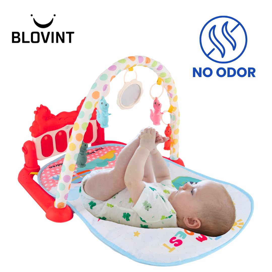 BLOVINT baby play gym with colorful activity mat, piano, sensory toys, lights, and musical features for newborns and toddlers.